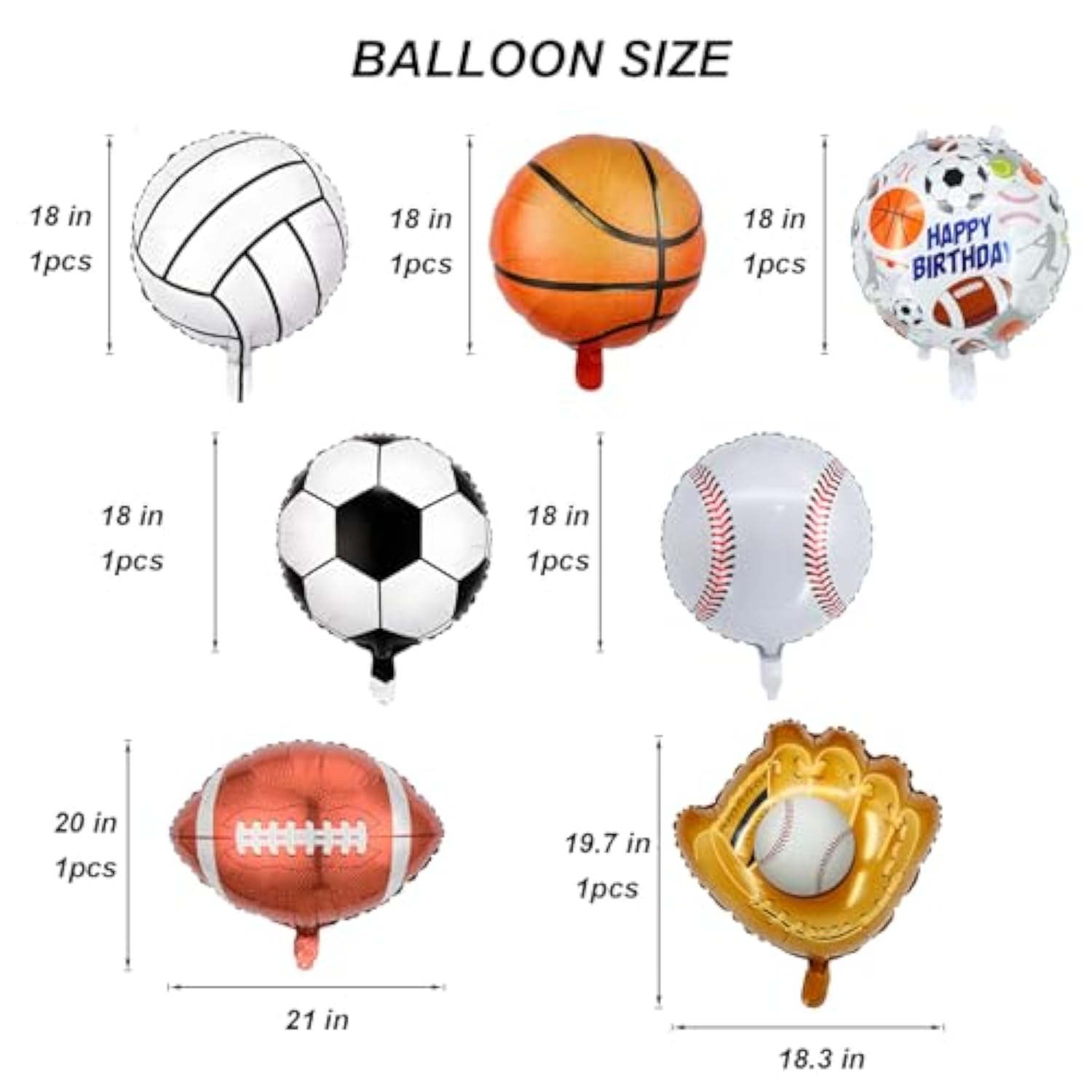 7Pcs Sports Balloons - 18Inch Volleyball Basketball Baseball And Soccer Mylar Balloons, 20Inch Football And 19.7Inch Glove Balloon For Sports Birthday Party Decorations - Sports Party Supplies.