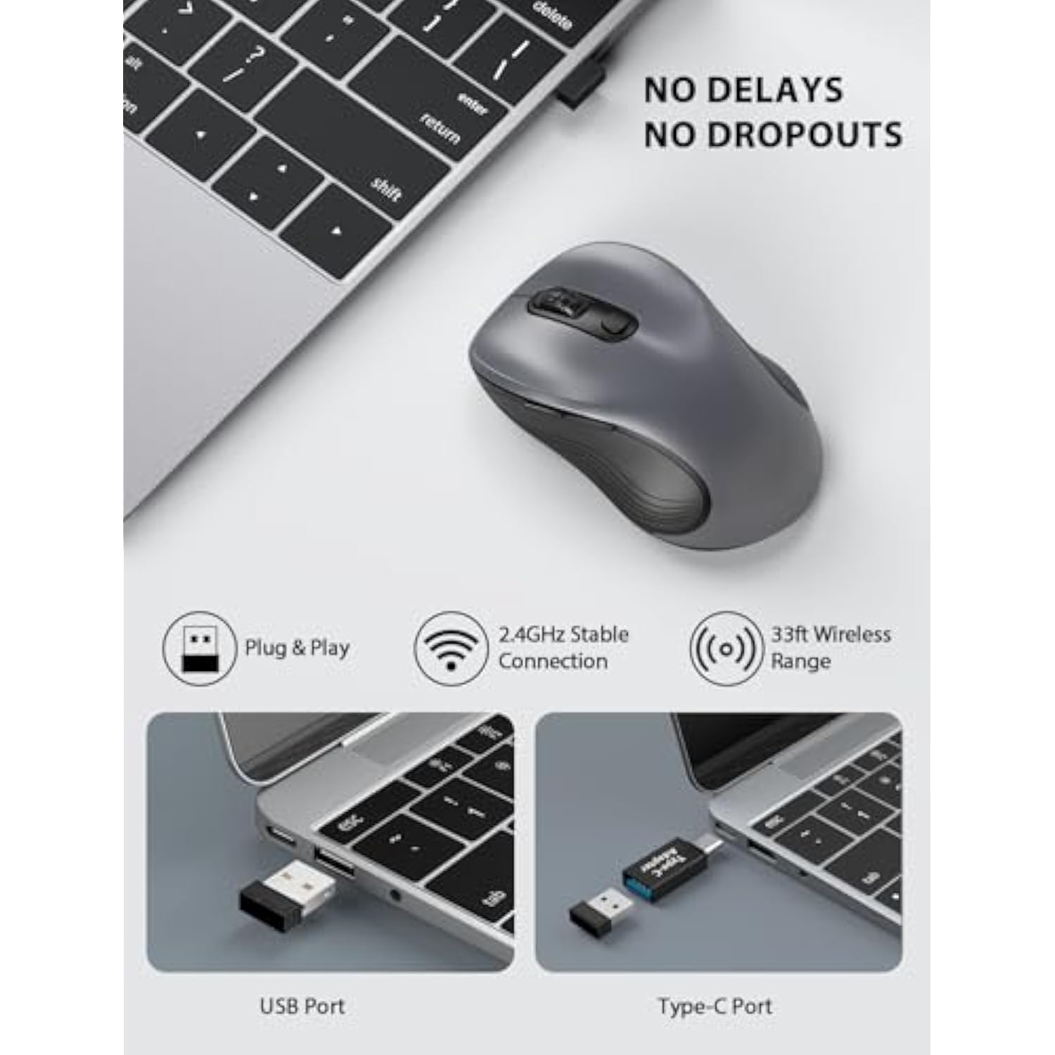 Wireless Mouse For Laptop, 2.4Ghz Ergonomic Computer Mouse With Back & Forward Buttons, 3 Adjustable Dpi Levels, 6 Buttons, Optical Usb Cordless Mice For Windows Pc (Gray, 1 Pack)