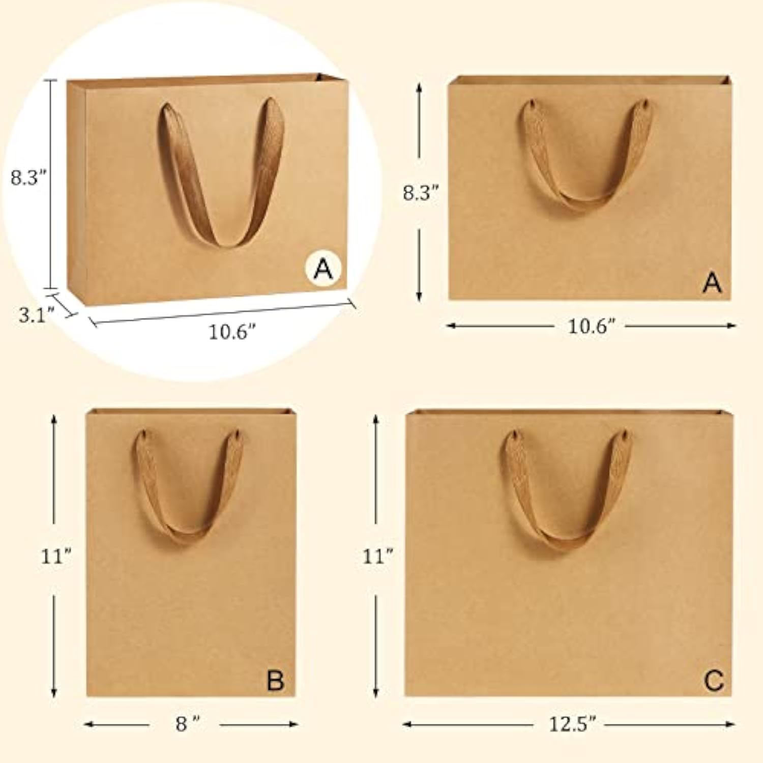 Gift Paper Bags 10.6X3.1X8.3 Gift Bags 50Pcs Heavy Duty Kraft Brown Paper Bags With Handles Soft Cloth, Party Favor Bags Shopping Bags Retail Merchandise Bags Wedding Party Gift Bags