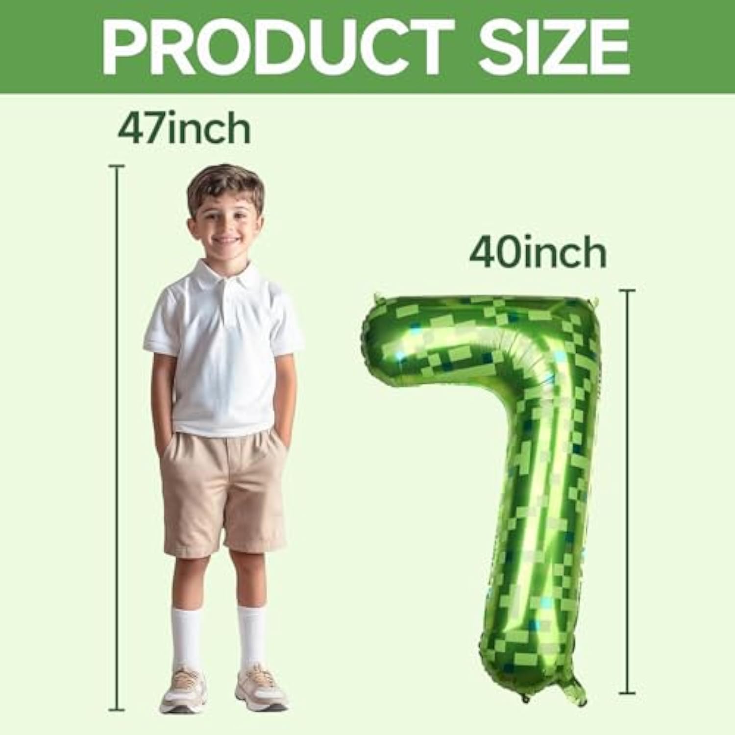 40 Inch Giant Green Pixel Number 0-9 Foil Balloons, Large Number Balloons Birthday Party Decoration Supplies (Number 7)