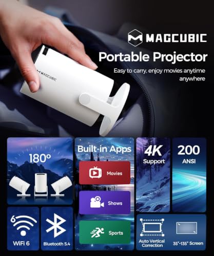 Hy300Pro Mini Projector With Wifi And Bluetooth, 4K Support 200Ansl Smart Portable Projector, Autokeystone, 180° Rotation, Home Video Proyector For Home, Bedroom, Outdoor
