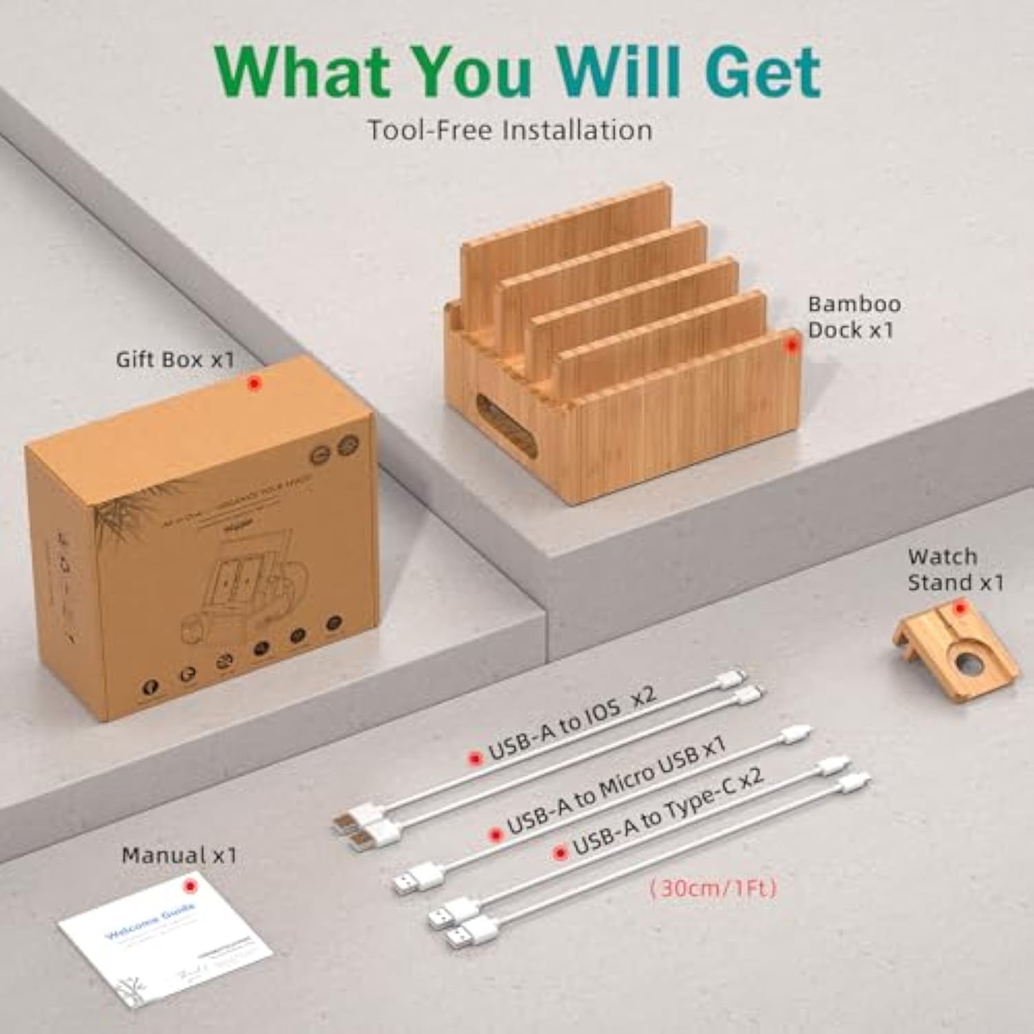 Cell Phone Charging Stations, Bamboo Dock Organizer For Multi Devices, Tablets, Smart Watch, With Pack 5 Cables, No Power Charger Supply