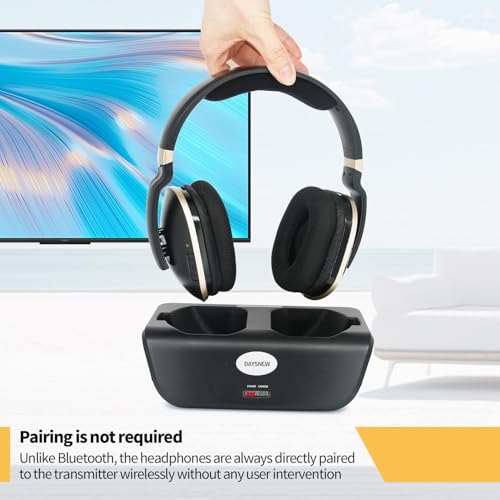 Optical Wireless Headphones for TV Watching, Over-Ear Headphones for Seniors with Charging Dock and Volume Control, Plug and Play, Black