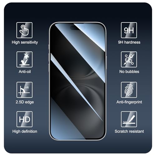 3+3+1-Pack, Privacy Screen Protector and Camera Lens Protector for iPhone 16 Plus with Back Tempered Glass Film, Anti-Spy, Dark Private Black