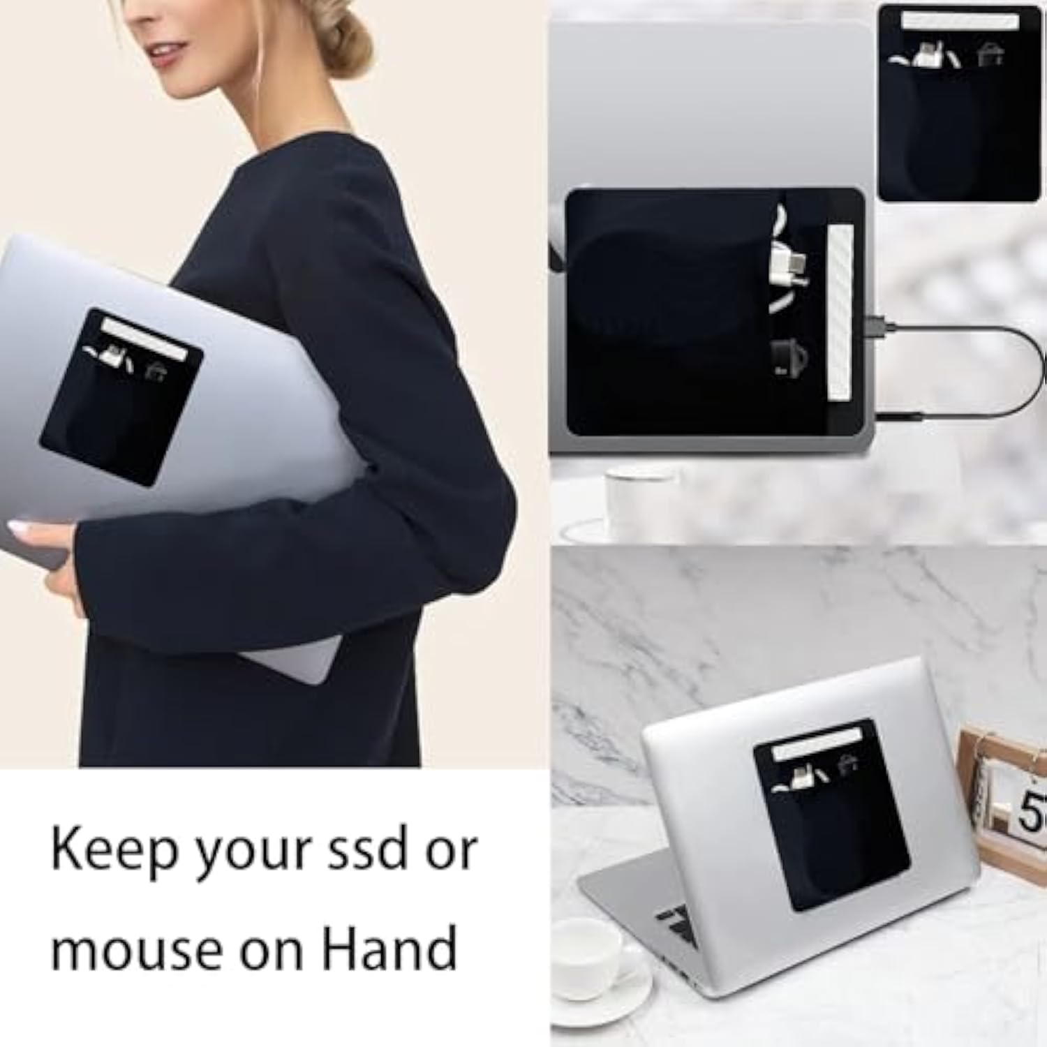 2-Pocket Ssd Holder For Laptop,Adhesive Pouch,Portable Hard Drive Sleeve For Laptop,Compatible With External 2.5" Hdd, Magic Mouse, Externa Hard Drive,Usb Cable And More Holder - Black