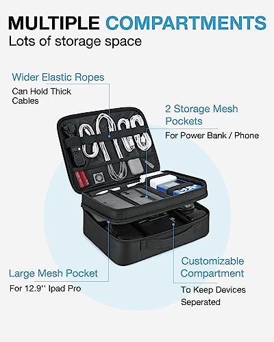 Cable Organizer Bag, Travel Electronics Organizer With Adjustable Divider, Tech Bag Carrying Case, Storage Bag Sturdy Tool Case With Handle For Cellphone Cord Electronics Accessories, Black