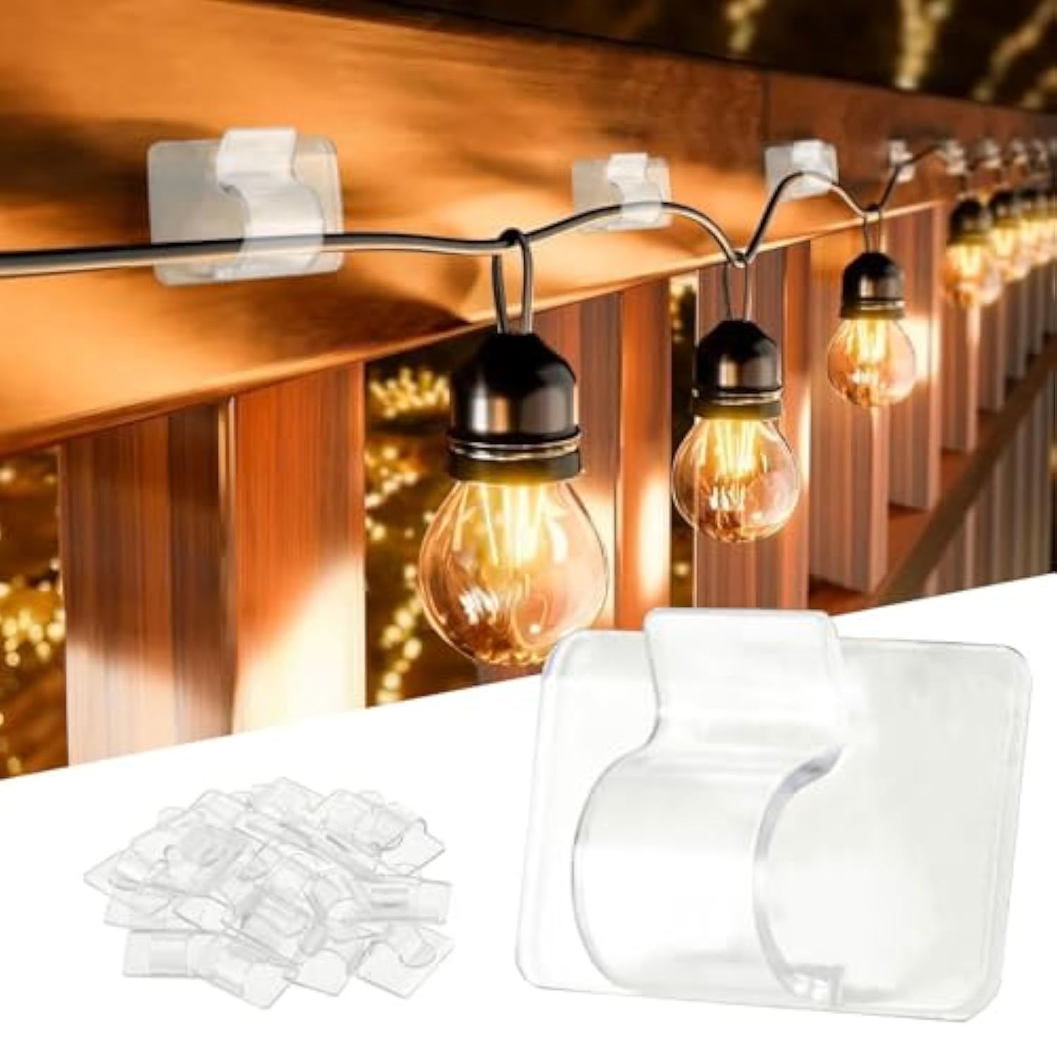 Hooks For Outdoor String Lights Clips, 30Pcs Heavy Duty Cable Clips Waterproof Adhesive Strips For Hanging Christmas Light, Outside Uv-Resistant Clear Sticky Cord Holders Rope Organizer