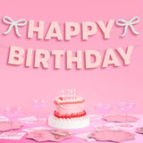 Foil + Pink Glitter Happy Birthday Banner Princess Bow Garland, 21st, Coquette Decor