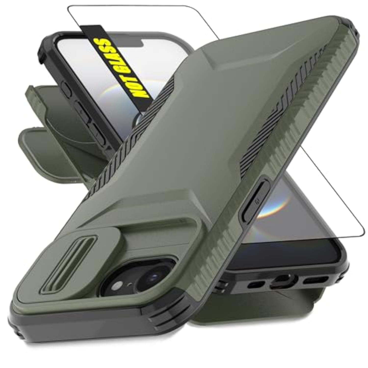 Heavy Duty Rugged Shockproof Protective Case for iPhone 16e/17e 6.1 Inch - 2 in 1 Built-in Slide Camera Cover and Screen Protector (Pine Green)