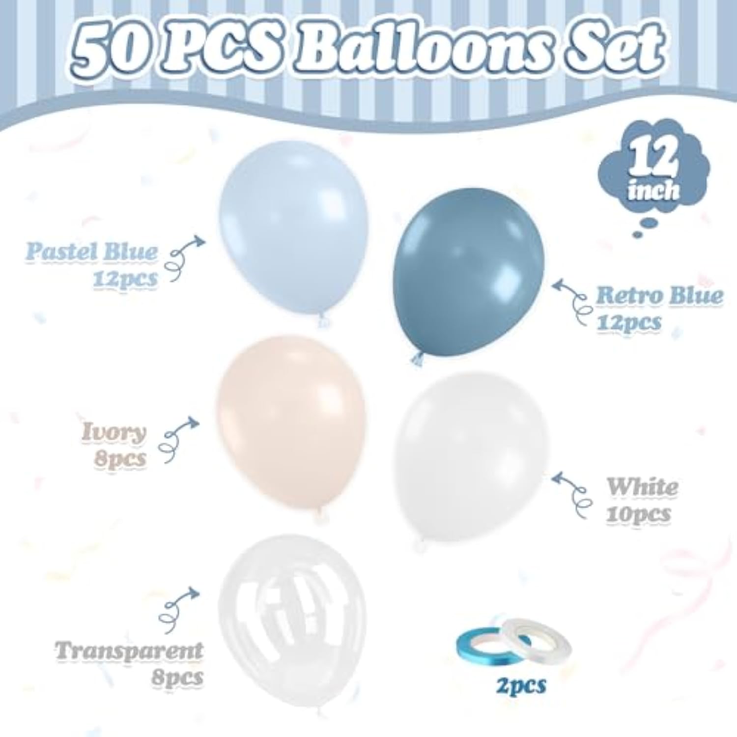 Dusty Blue Balloons, 50 Pcs Pastel Blue White Latex Balloon, 12 Inch Ivory Transparent Helium Balloons For Boy Baby Shower Men Birthday Graduation Wedding Anniversary Proposal Party Decor