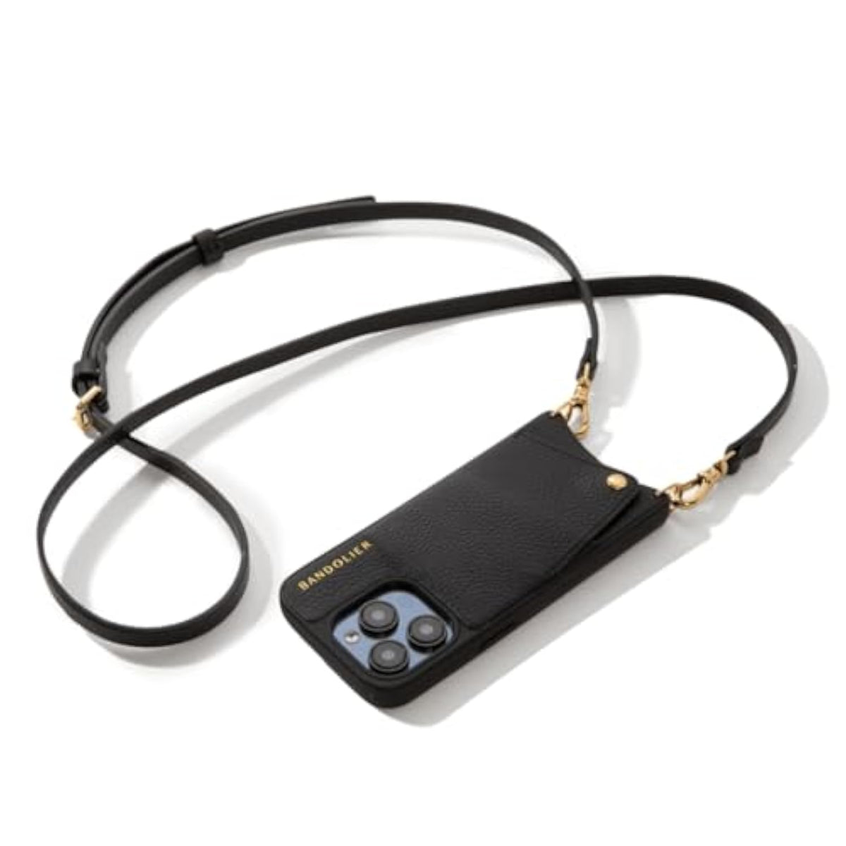Bandolier Emma Crossbody Wallet Phone Case for iPhone 16 Pro. 100% Genuine Pebble Leather. Adjustable & Removable Crossbody Strap. Card Holder with Snap Closure. Black with Gold Hardware
