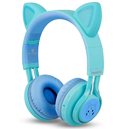 Kids Headphones, CT-7S Cat Ear Bluetooth Headphones with LED Light, 85dB Volume Limiting, Over Ear with Microphone for Laptop/PC/TV (Blue & Green)