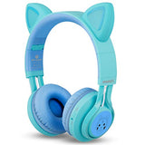 Kids Headphones, CT-7S Cat Ear Bluetooth Headphones with LED Light, 85dB Volume Limiting, Over Ear with Microphone for Laptop/PC/TV (Blue & Green)