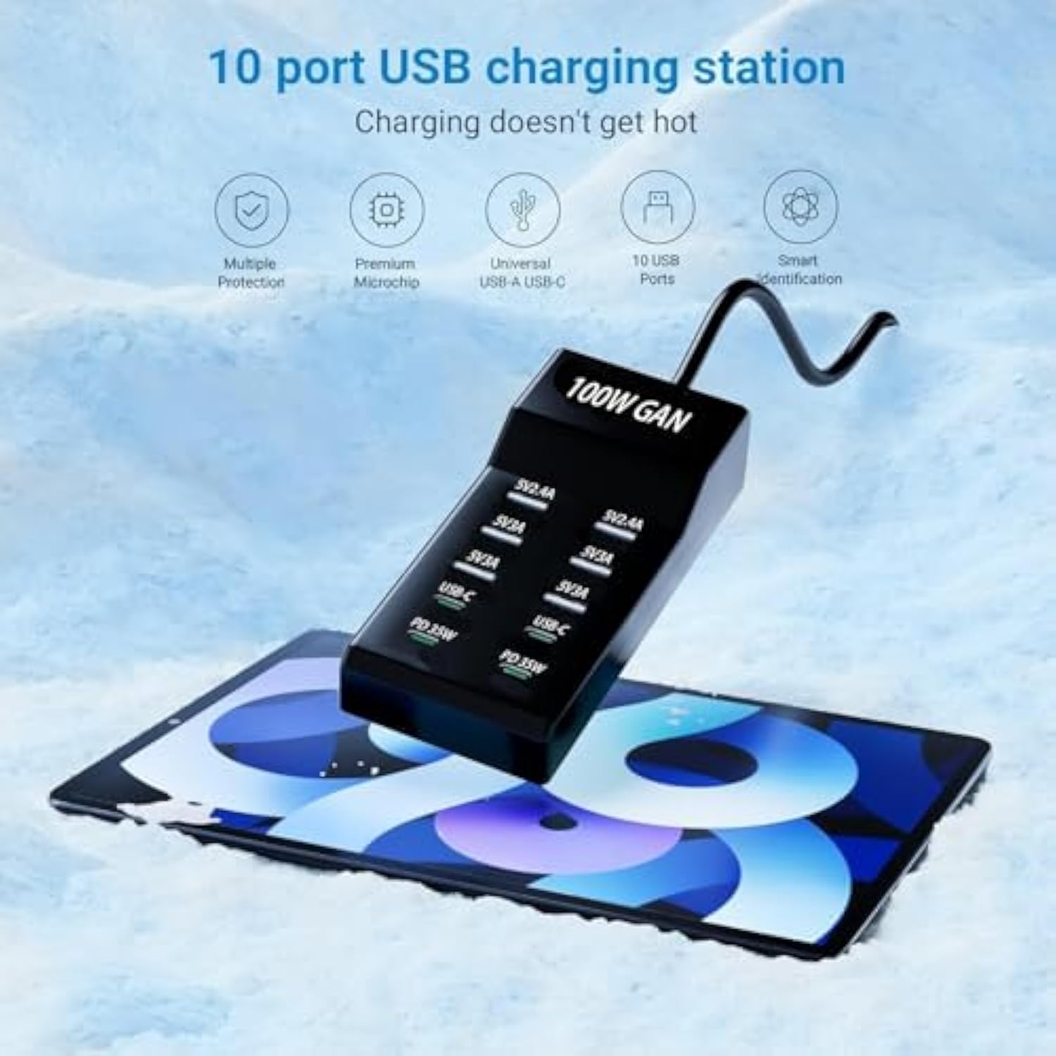 10-Port Usb Charger Block - 100W6A4C Multi Usb Charging Station For Iphone/Ipad/Samsung Galaxy Note Tablet Android Smartphone