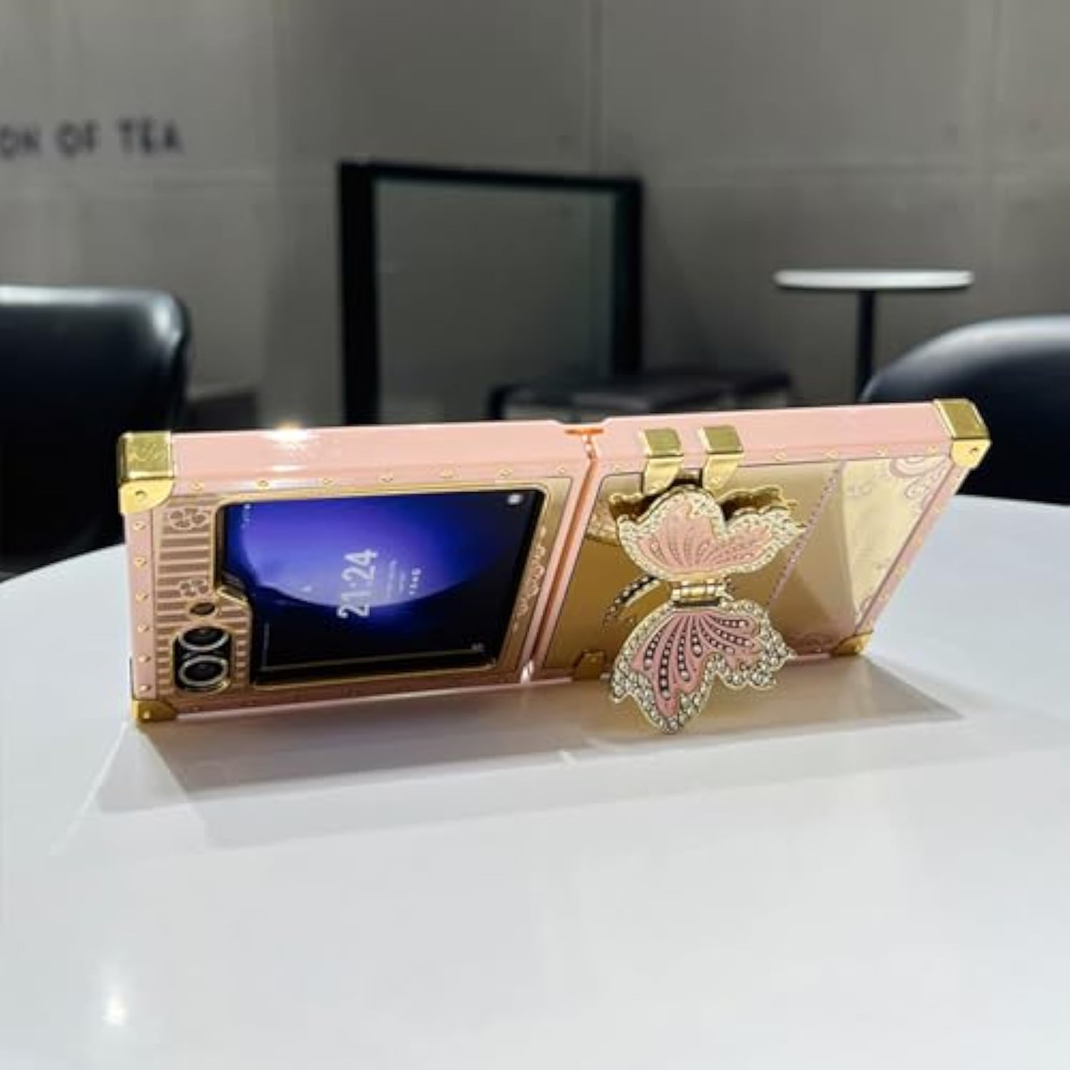 Auroicyy For Samsung Galaxy Z Flip 6 Case With Kickstand, Glitter Foldable Bling Butterfly Stand Mirror Back Gold Plated Shockproof Protective Elegant Cute Woman Girly Soft Cover For Z Flip 6 (Pink)