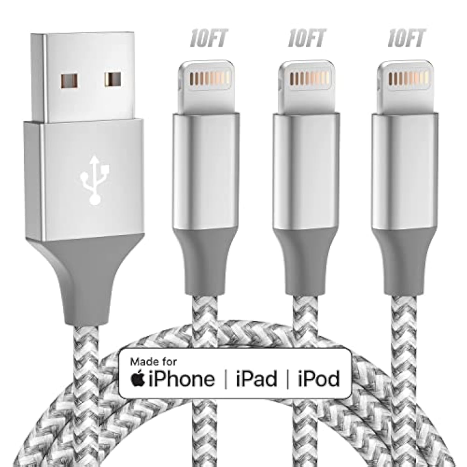 iPhone Charger 3 Pack 10ft MFi Lightning Cable Fast Charging Grey White