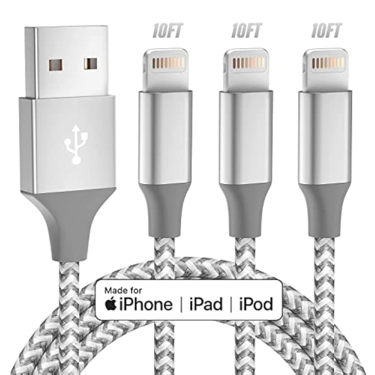 iPhone Charger 3 Pack 10ft MFi Lightning Cable Fast Charging Grey White
