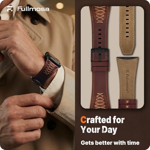 Leather Band Compatible with  Watch Ultra 3/2/1 Band 49mm 46mm 45mm 44mm 42mm Men, Top Grain Leather Replacement Strap for iWatch series 11 10 9