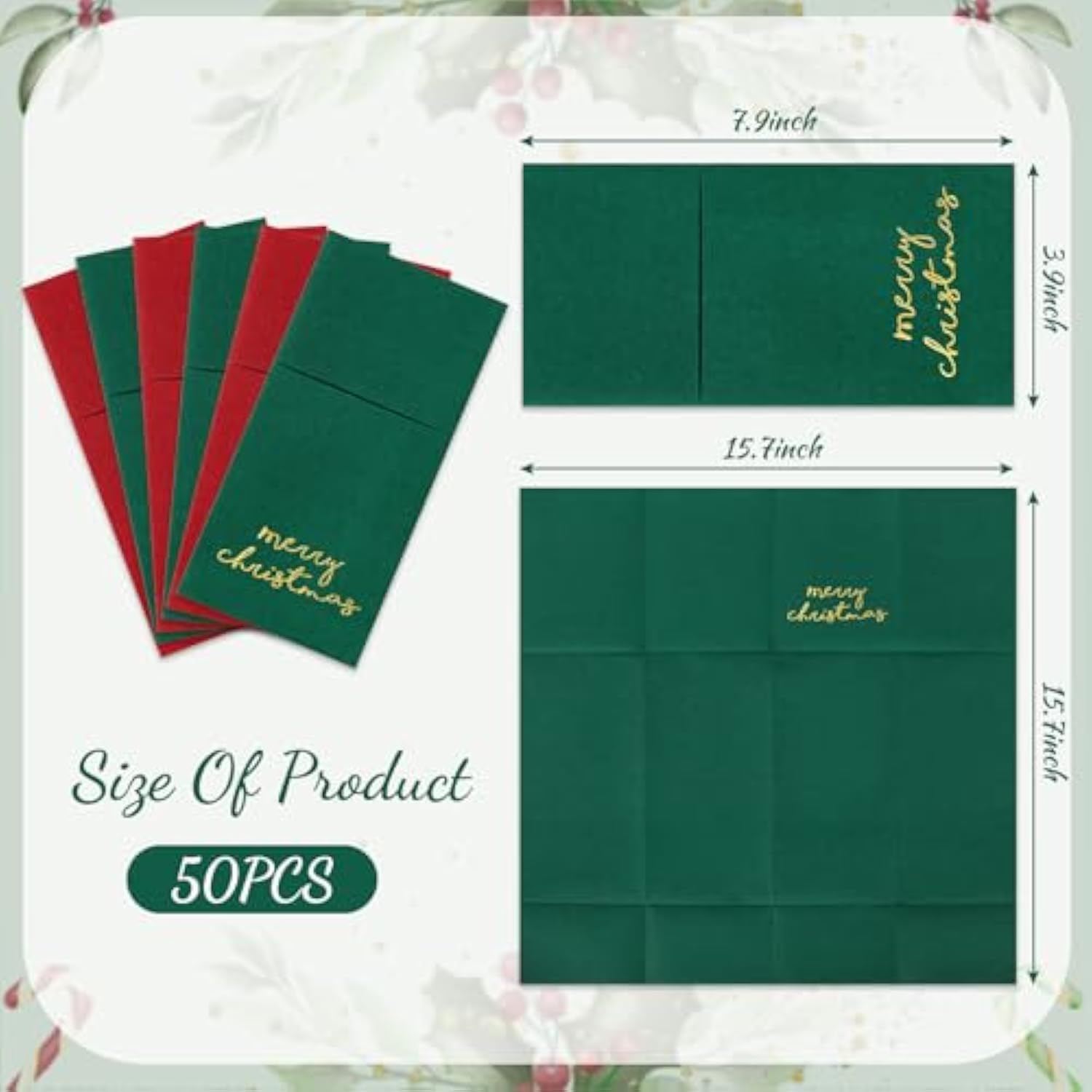 50Pcs Merry Christmas Linen Feel Napkin Gold Foil Disposable Airlaid Paper Napkin Red Green Prefolded Dinner Napkin With Built-In Flatware Pocket For Xmas Winter Party Supplies