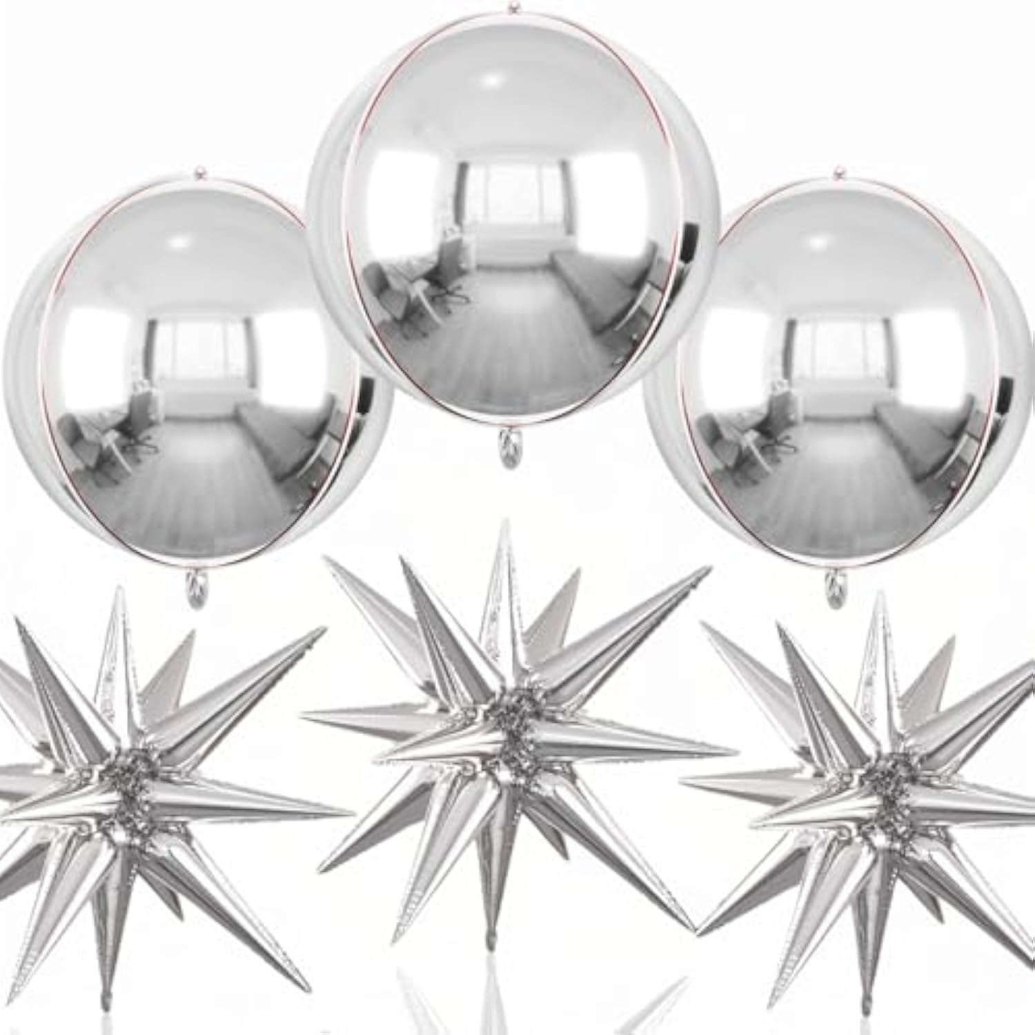 6 Pcs 22-Inch Silver Starburst & 4D Foil Balloons Large Metallic Party Decor