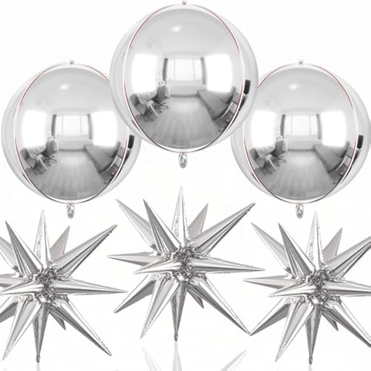 6 Pcs 22-Inch Silver Starburst & 4D Foil Balloons Large Metallic Party Decor