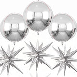 6 Pcs 22-Inch Silver Starburst & 4D Foil Balloons Large Metallic Party Decor