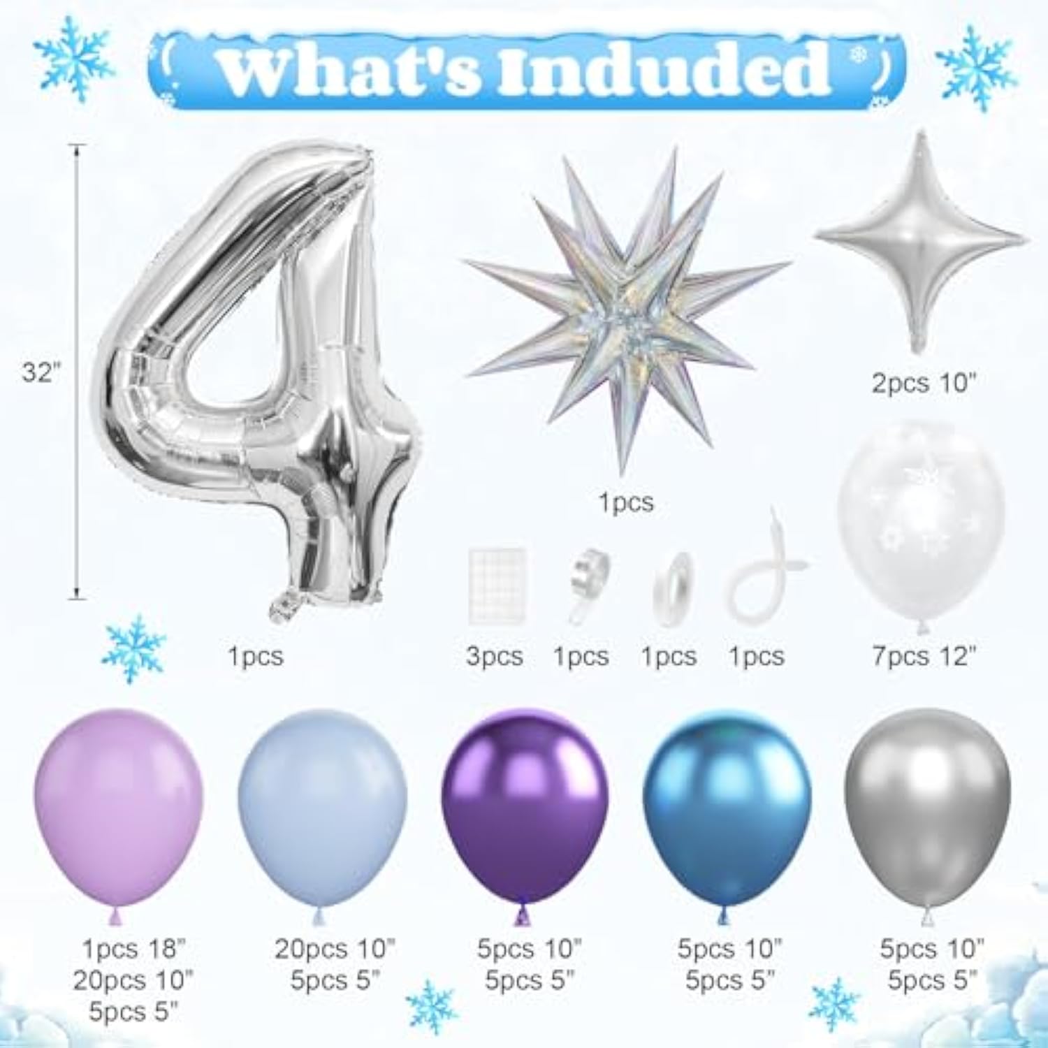 Snow-Themed 4th Birthday Decor – Snowflake Balloon Arch, Silver #4 Tower & Star Balloons for Girls