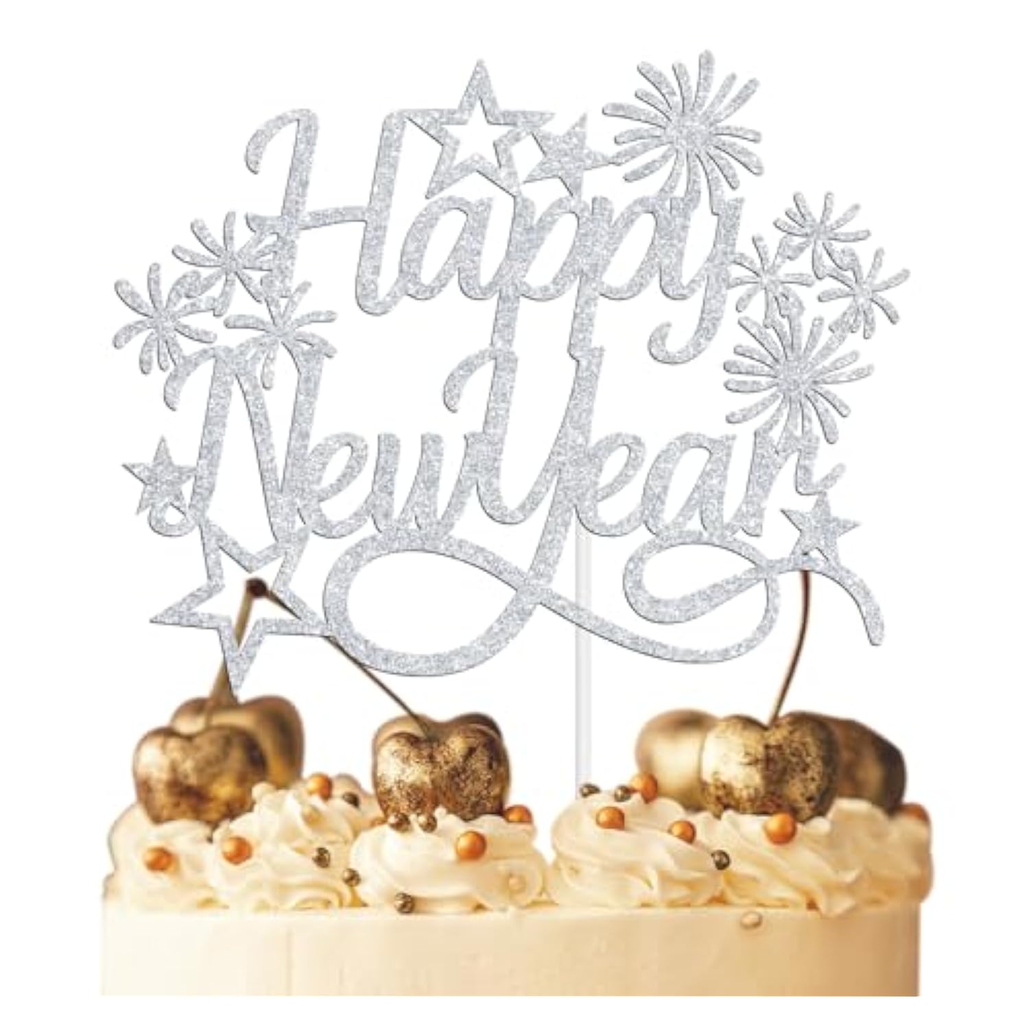 Happy New Year 2025 Cake Topper Silver Glitter Party Decor