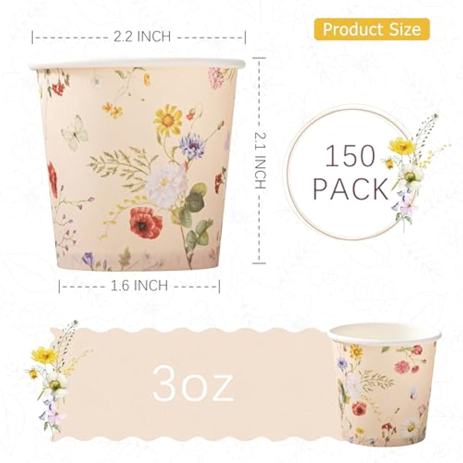 3Oz Bathroom Cups[150 Pack] Disposable Paper Dixie Cup, Elegant Vintage Floral Small Mouthwash Cups, Hot/Cold Beverage Coffee, Dessert For Birthday Parties, Home-Use, Picnics, Ceremonies