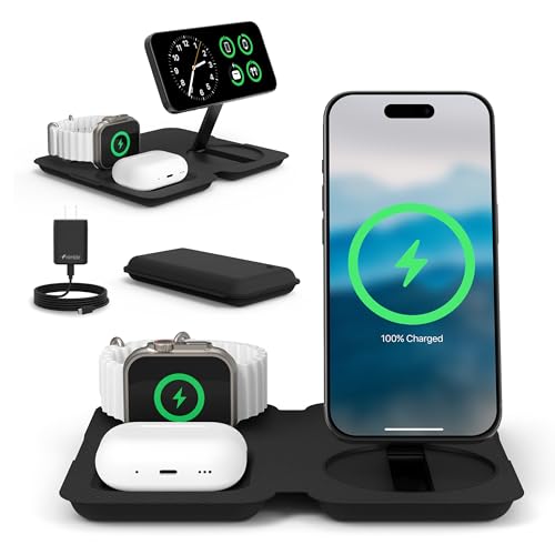 Fold 3-in-1 Wireless Charging Station for iPhone & AirPods, MagSafe Compatible 15W Qi2 Charging Stand, Wireless Charger Dock for iPhone
