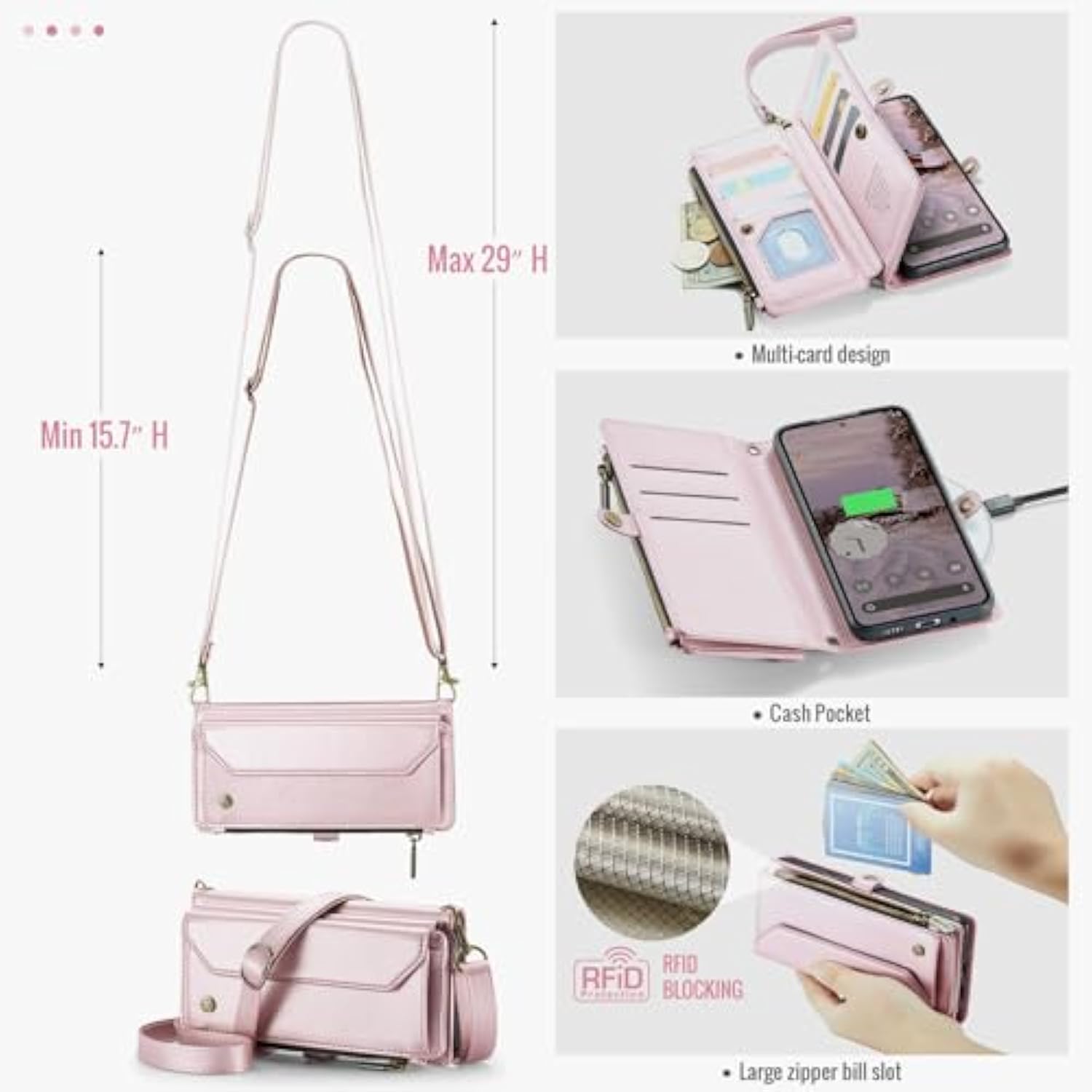 Pixel 9 Pro XL Wallet Case, RFID Blocking, Stand, Straps, Magnetic Closure - Pink