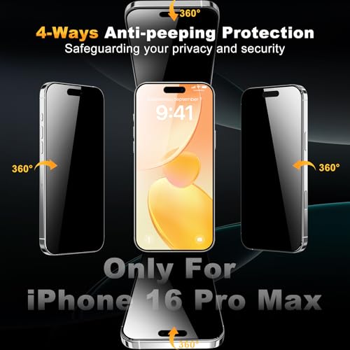 [3 Pack] Privacy Screen Protector compatible with iPhone 16 Pro Max, 4-Way 360° Anti-Spy Tempered Glass with Auto-Alignment Fast Install Tray,