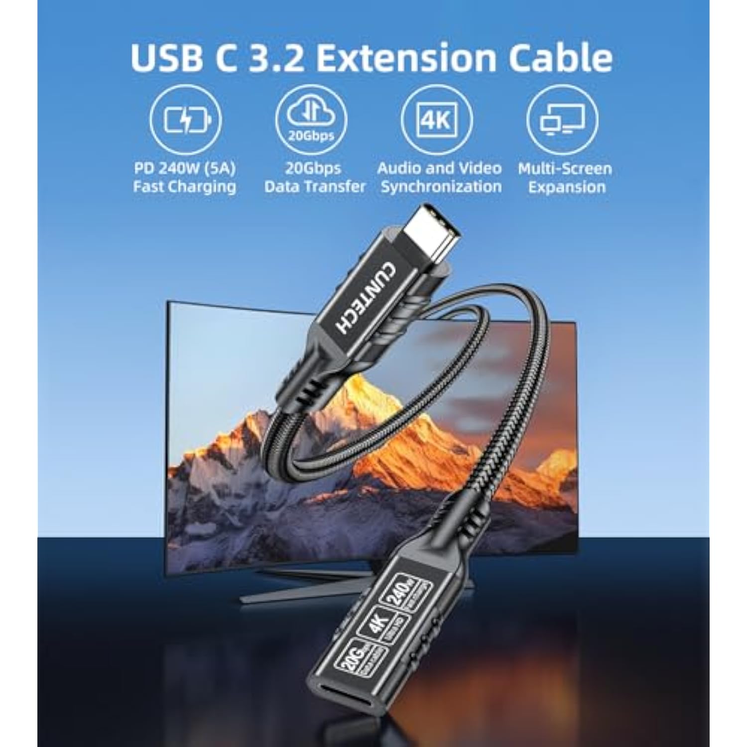 240W Usb C Extension Cable 10Ft, 20Gbps Data Transfer 4K@60Hz Video 240W Fast Charging Cable For Thunderbolt 4/3, For Iphone16/15 Ipad Samsung Galaxy S24/S23 Phone Tablet Laptop Other Type C Devices