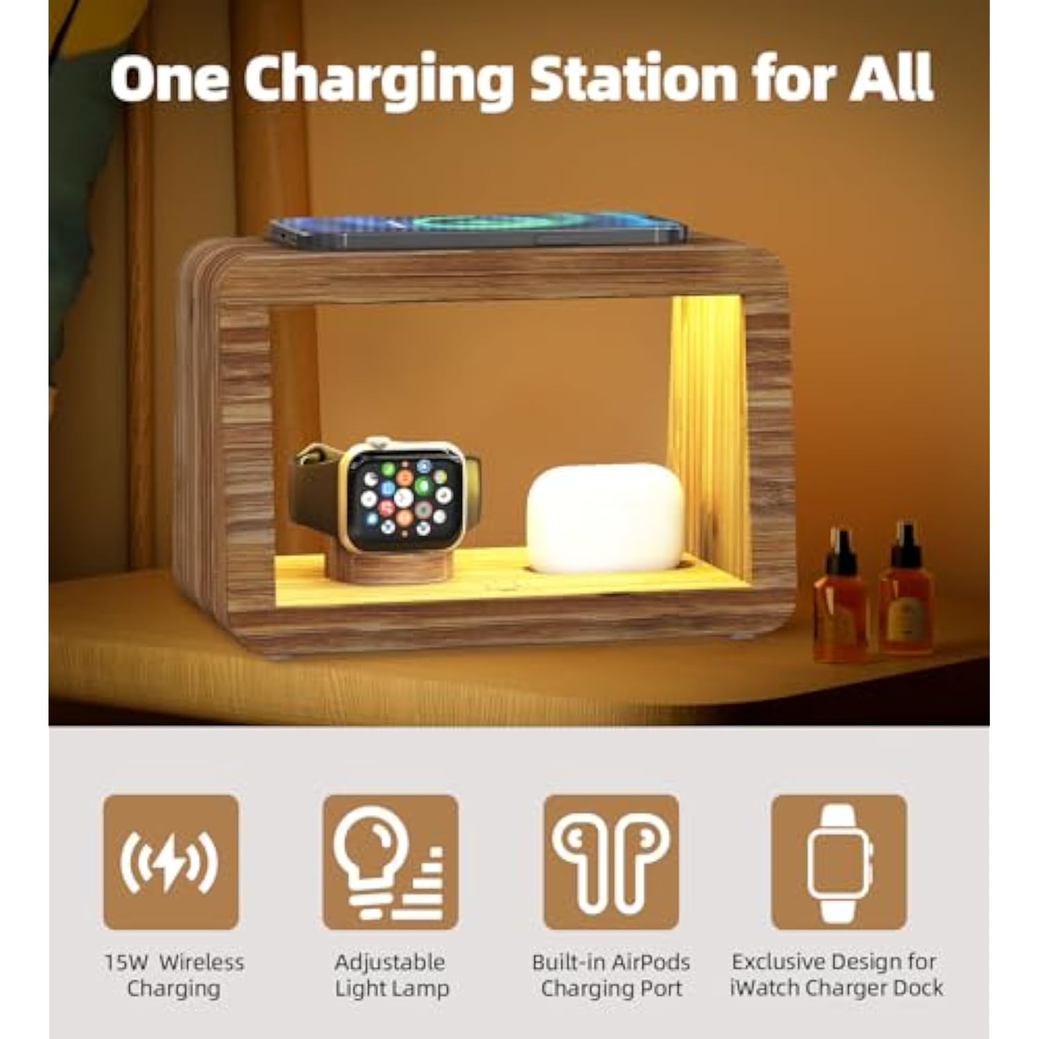 Bamboo Charging Station For Multiple Devices, 15W Fast Wireless Charger Night Light With 3 Color & 4 Adjustable Brightness, Night Stand Charger Station For Iphone/Iwatch/Airpods/Samsung With Adapter