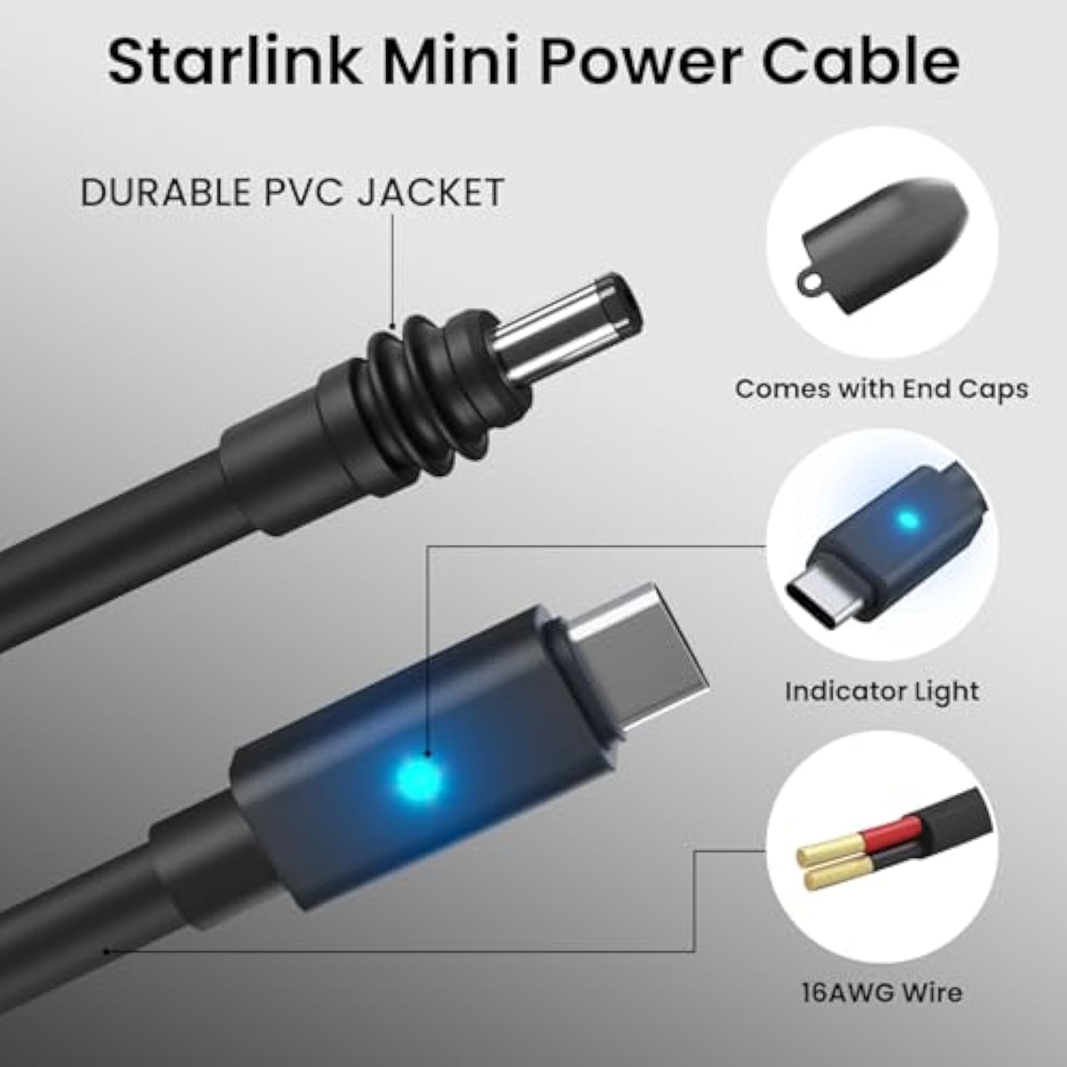 For Starlink Cable 6.56Ft For Starlink Mini Usb C Cable With Indicator Led Light Work With 60W+ Power Bank Waterproof For Starlink Mini Accessories(6.5Ft/2M)