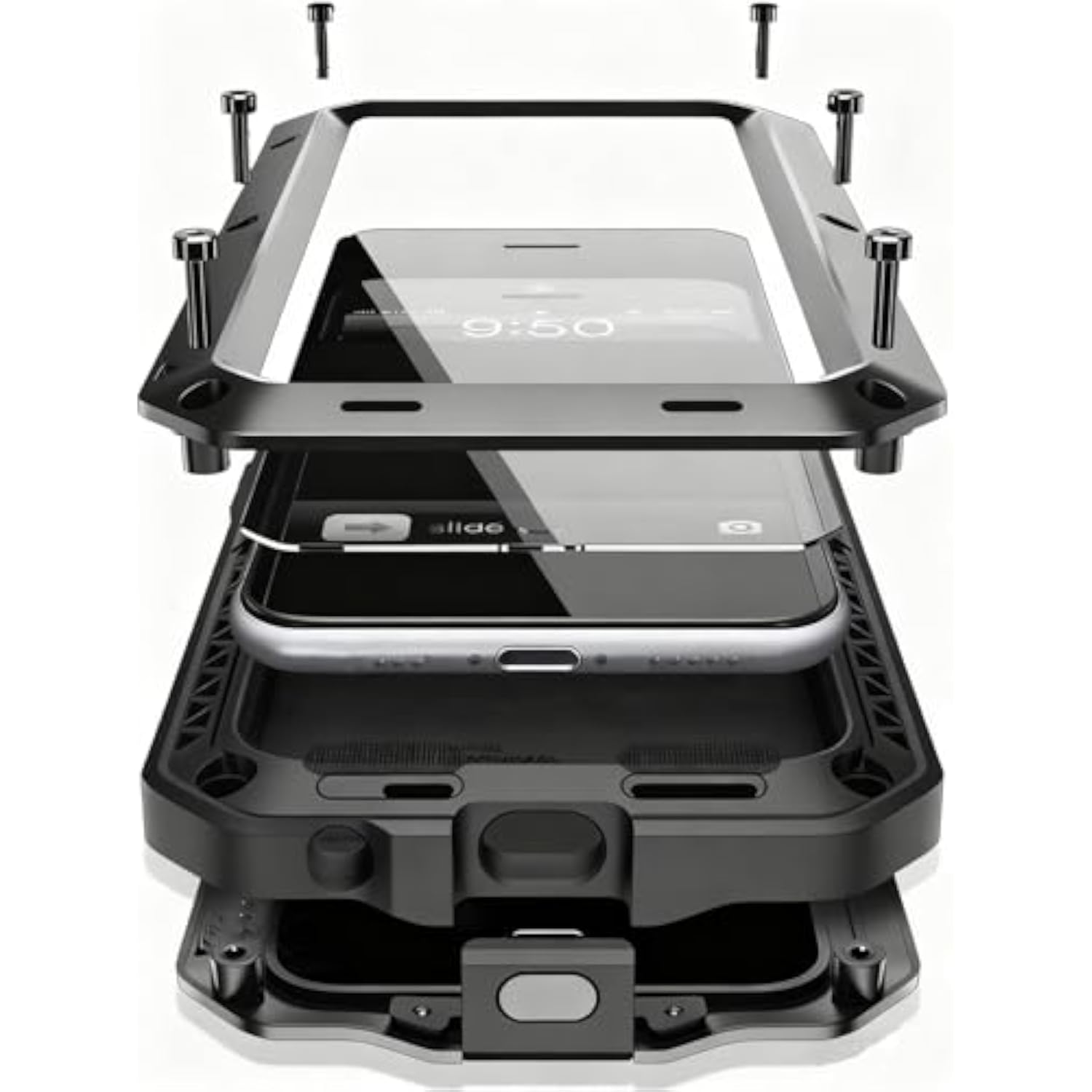 Heavy Duty Shockproof Aluminum Alloy Metal Case with Silicone Built-in Screen Protector for iPhone 17 Pro - Black