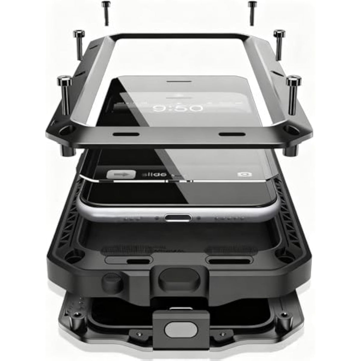 Heavy Duty Shockproof Aluminum Alloy Metal Case with Silicone Built-in Screen Protector for iPhone 17 Pro - Black