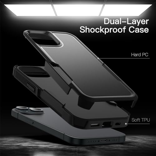 Case for iPhone 15 6.1-Inch, Heavy Duty Dual-Layer Rugged Protection, Shockproof Protective Tough Phone Cover with Matte Back (Black)