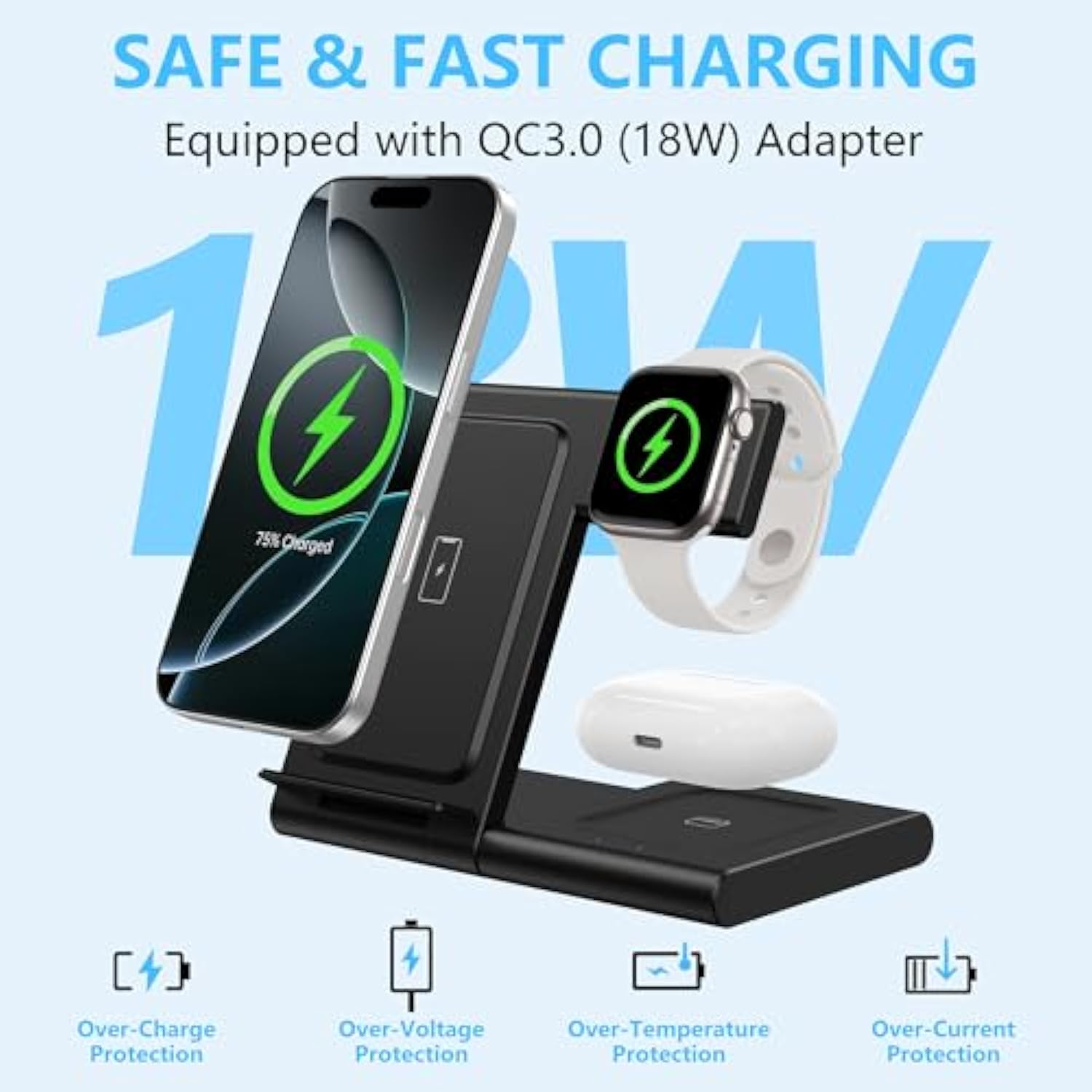 Charging Station For Multiple Devices Apple, Foldable 3 In 1 Wireless Charger For Iphone 16/15/14/13/12/Pro/Max/Plus, Apple Watch 10/9/Ultra/8/7/6/5/4/3/2/Se & Airpods 4/3/2/Pro (Black)