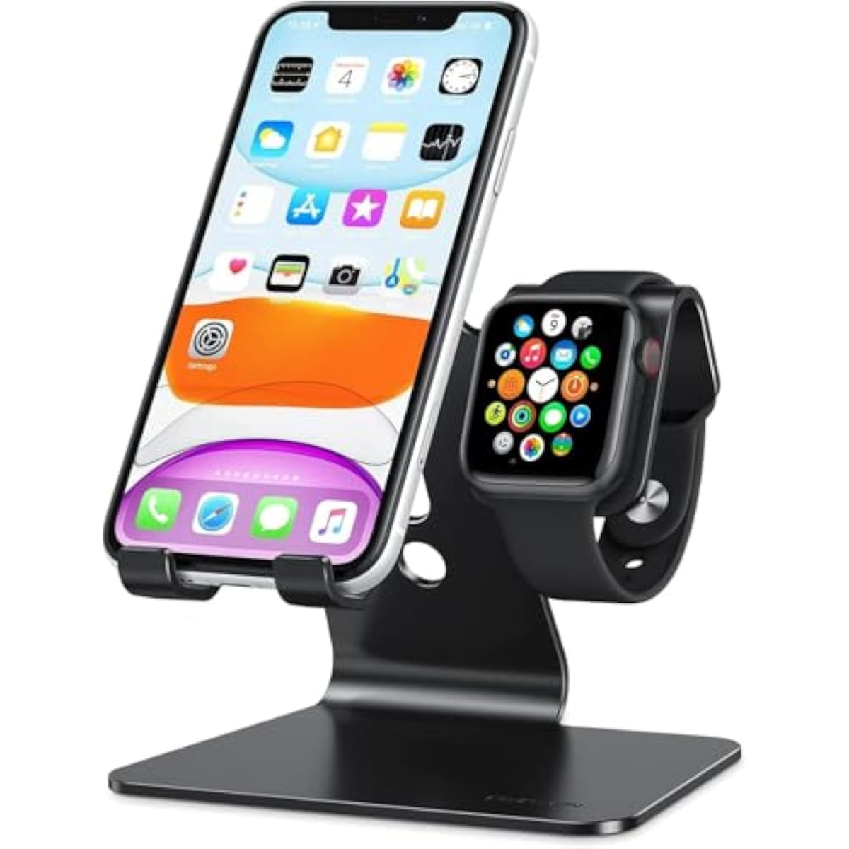 OMOTON Stand for Apple Watch - 2 in 1 Universal Desktop Stand Holder (Not Include Charger) for All iPhone 16 15 14 13 12 and Apple Watch Series 9/8/SE2/7/6/SE/5/4/3/2 (Both 38/40/41/42/44/45mm)-Black