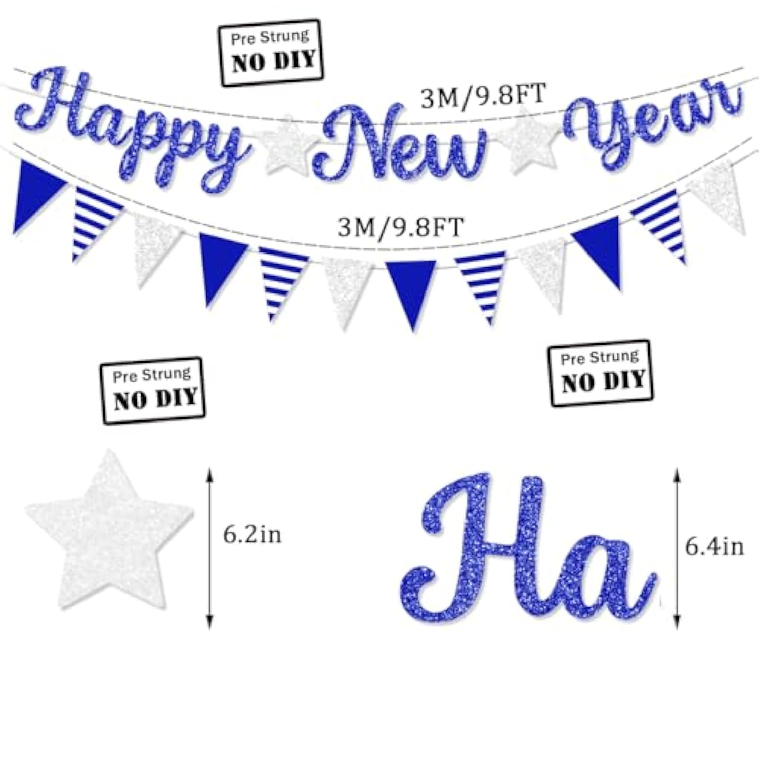 Pre-Strung Blue Glitter Happy New Year 2026 Banner Party Decorations No DIY