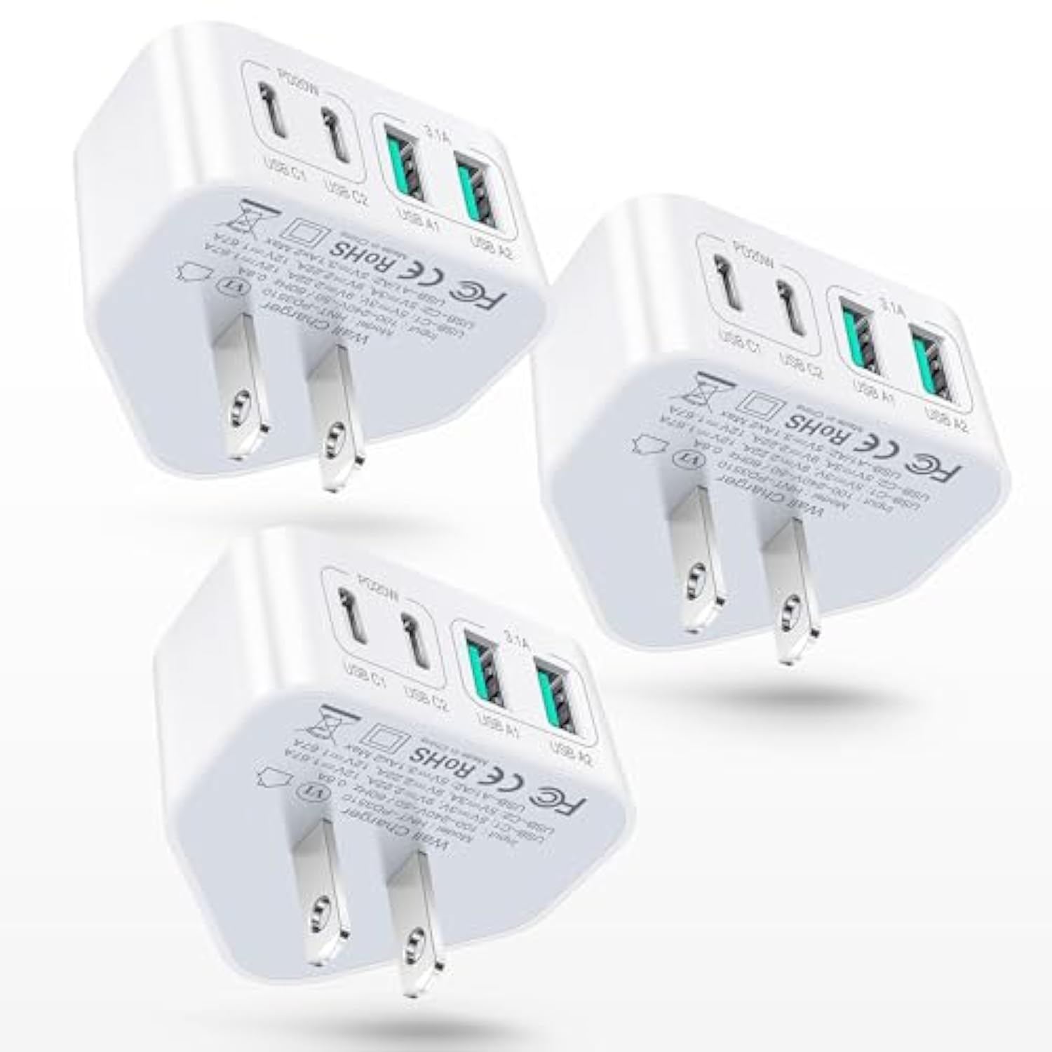 3-Pack Usb C Charger Block, 40W 4 Port Flat Fast Usb C Wall Charger Pd 3.0 Power Adapter Multport Type C Charging Plug Brick For Iphone 16 15 Plus 14 13 12 11 Pro Max Xs Xr 8,Samsung,Tablet