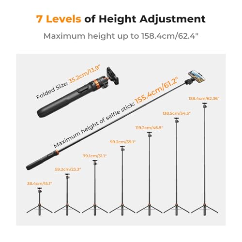 MS08 62'' Phone Selfie Stick Tripod, 2-in-1 Extendable Cell Phone Tripod Stand with Remote, 360° Ball Head Camera Tripod Compatible with DJI Osmo