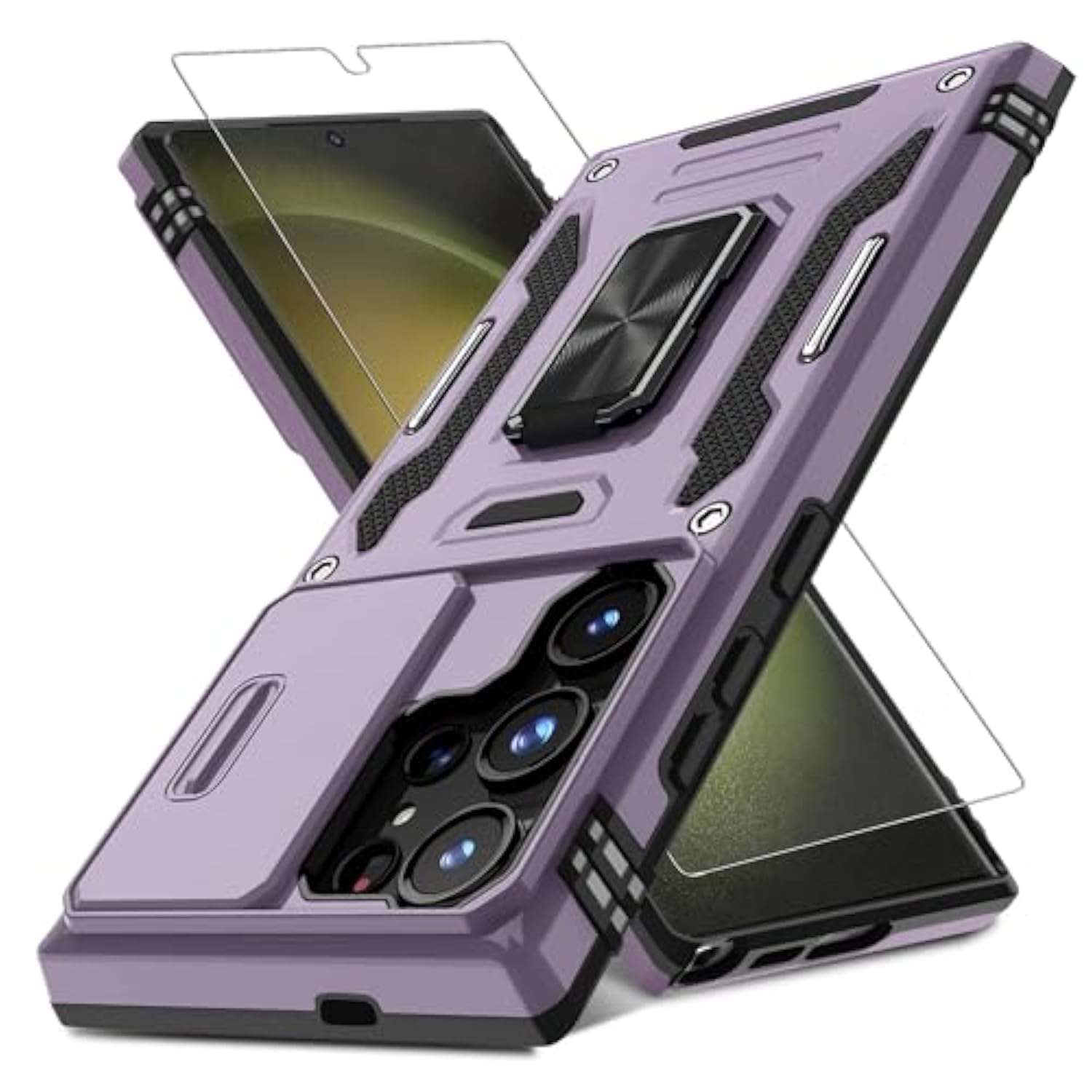 Case For Samsung Galaxy S24 Ultra With Slide Camera Cover+Screen Protector (1 Pack), Rotated Ring Kickstand Military Grade Shockproof Protective Cover-Deep Purple