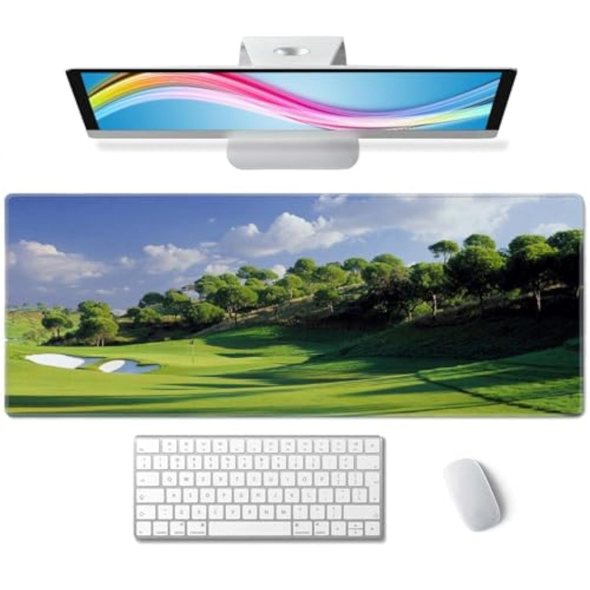 Golf Course Desk Mat Green Large Extended Mouse Pad Xl Desk Pad Gaming Mousepad Keyboard Mouse Mat For Computer Laptop 31.5''X11.8'' Non-Slip Rubber Base With Stitched Edges