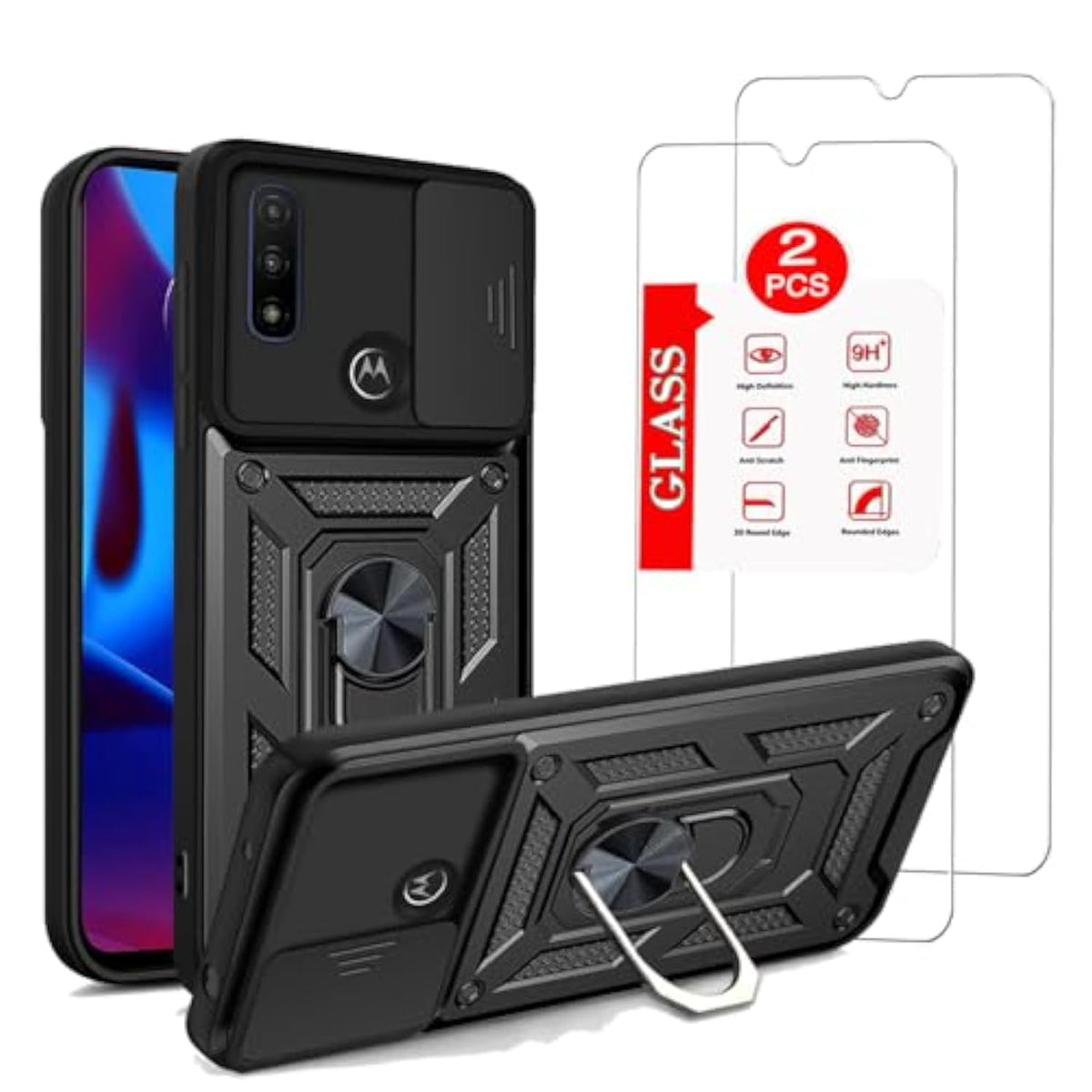 Motorola Moto G Pure Heavy Duty Armor Case with 2 Pack Tempered Glass Screen Protector, Military-Grade Protective Phone Cover with Magnetic Stand