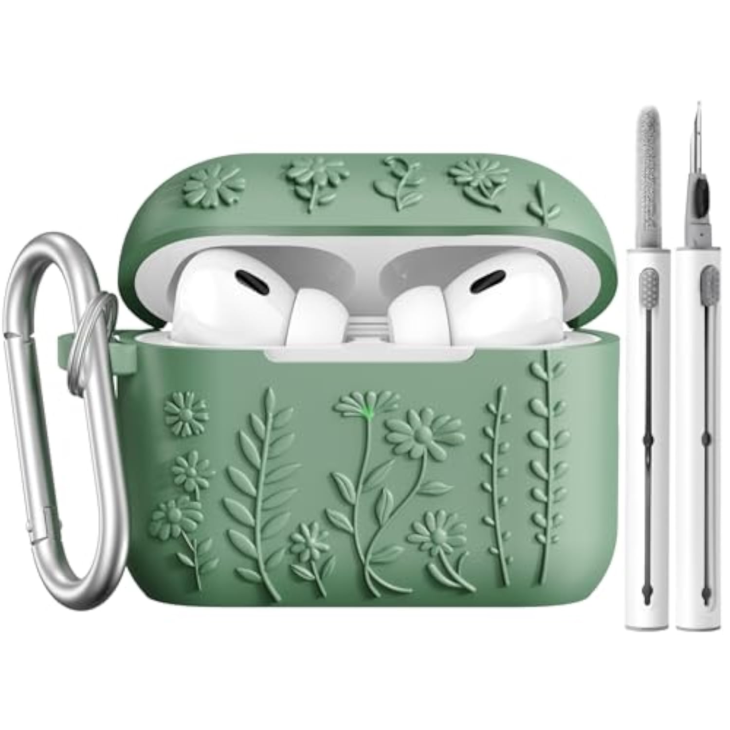 Airpod Pro 2Nd Generation Case, 3D Floral Embossed Soft Silicone Protective Cover With Cleaner Kit For Apple Airpods Pro 2Nd 1St Gen Case With Keychain (2023/2022), Green
