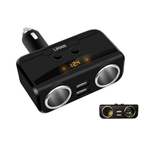 2 Socket Cigarette Lighter Adapter, Car Charger Plug Splitter With Dual Usb Ports, 12V/24V Meter Monitor, Compatible With Iphone, Lg, Htc, Samsung Etc