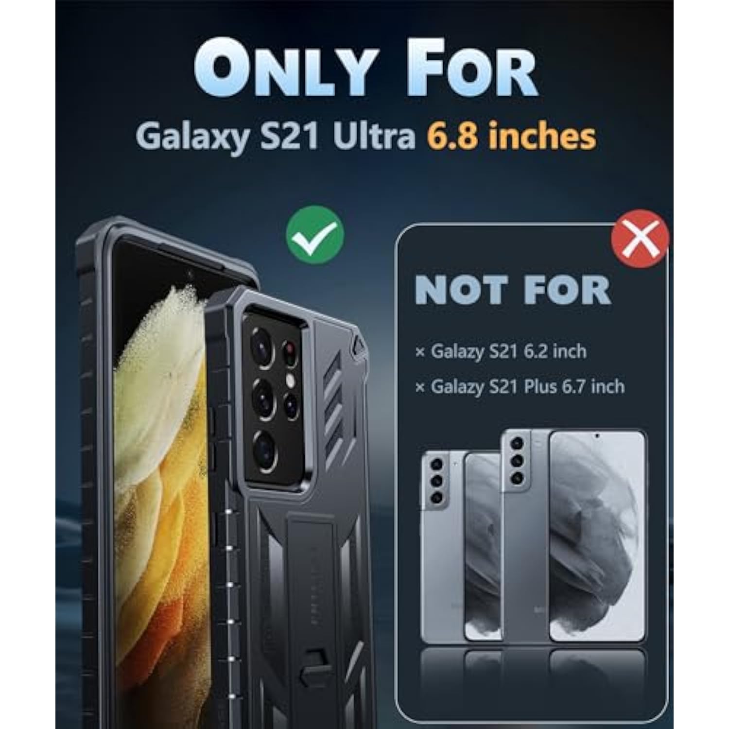For Samsung Galaxy S21-Ultra Case: Military Grade Rugged Cell Phone Cover With Kickstand | Shockproof Tpu Protection Bumper Matte Textured Design For Samsung S21 Ultra Cases 6.8 Inches (Black)