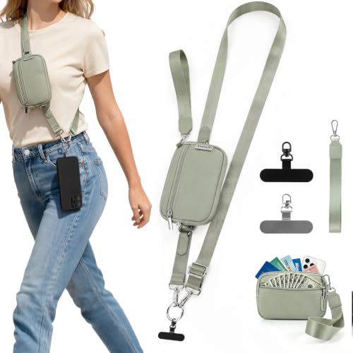 Clip and Go Strap for Phone with Wallet Crossbody, Detachable Zippered RFID Wristlet Wallet, Adjustable Phone Lanyard & Ultra-Thin 360° Rotatable